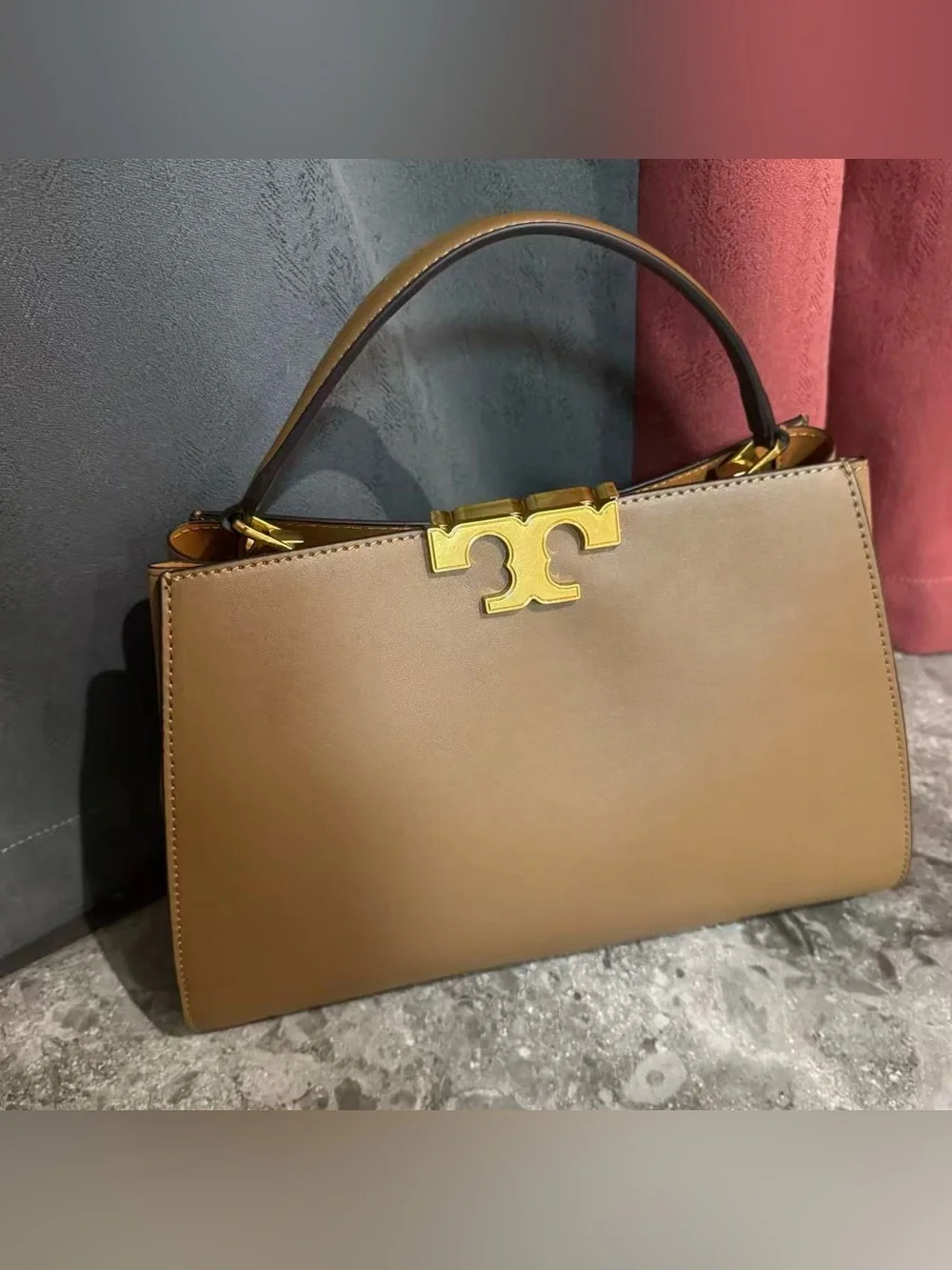 Tory Burch Tan Leather Top-Handle Satchel with Gold Logo